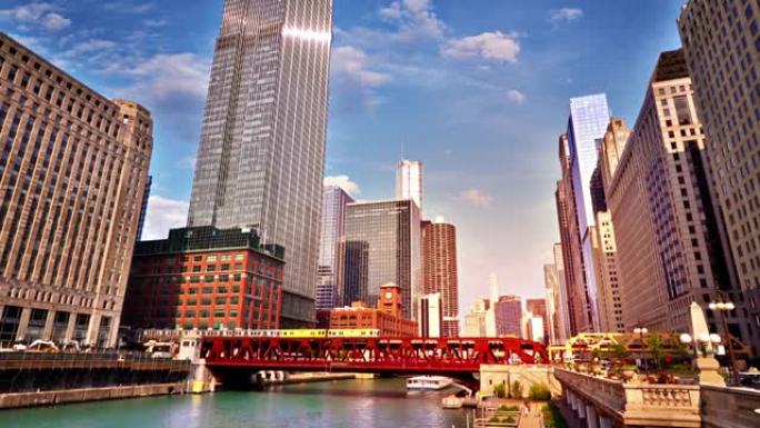 芝加哥金融区。河。办公楼。
