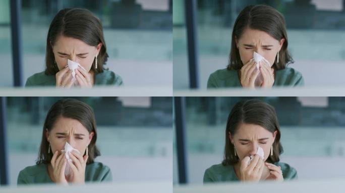 4k视频片段，一名年轻的女商人在现代办公室中使用计算机时用鼻子吹鼻子