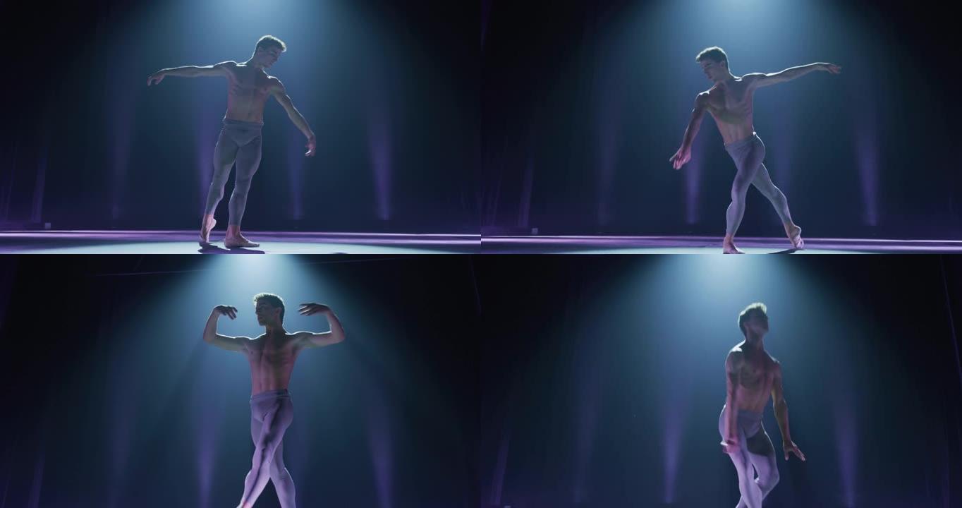 一位年轻的运动古典芭蕾舞男舞者的电影镜头正在演出开始前，在经典剧院舞台上用聚光灯进行编舞。