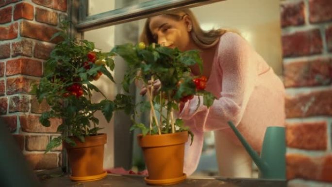 一位年轻女性的肖像在现代阁楼公寓的阳台窗台上用水喷洒自家种植的环保西红柿。关心植物和蔬菜的迷人女性。