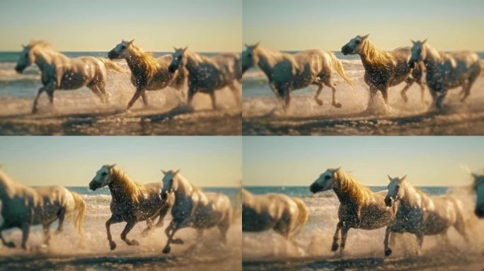 超级慢动作美丽的白马在阳光明媚的海洋冲浪中奔跑