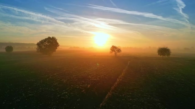 日落时分，空中薄雾漂浮在该国的耕地上