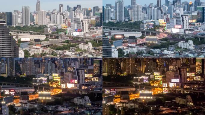 4K UHD日夜放大延时: 曼谷市中心摩天大楼的天际线，泰国曼谷的高速公路和空中火车上的汽车。现代城