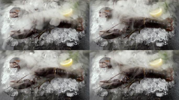 4K UHD: 将加拿大生龙虾与柠檬和莳萝放在黑色盘子上的冷冻冰上，并带有冷冻的冰冷烟雾。新鲜豪华海