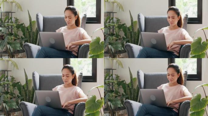 年轻的亚洲女性穿着随意平静地坐在翼椅上，使用笔记本电脑思考在客厅温室里的植物工作的想法。