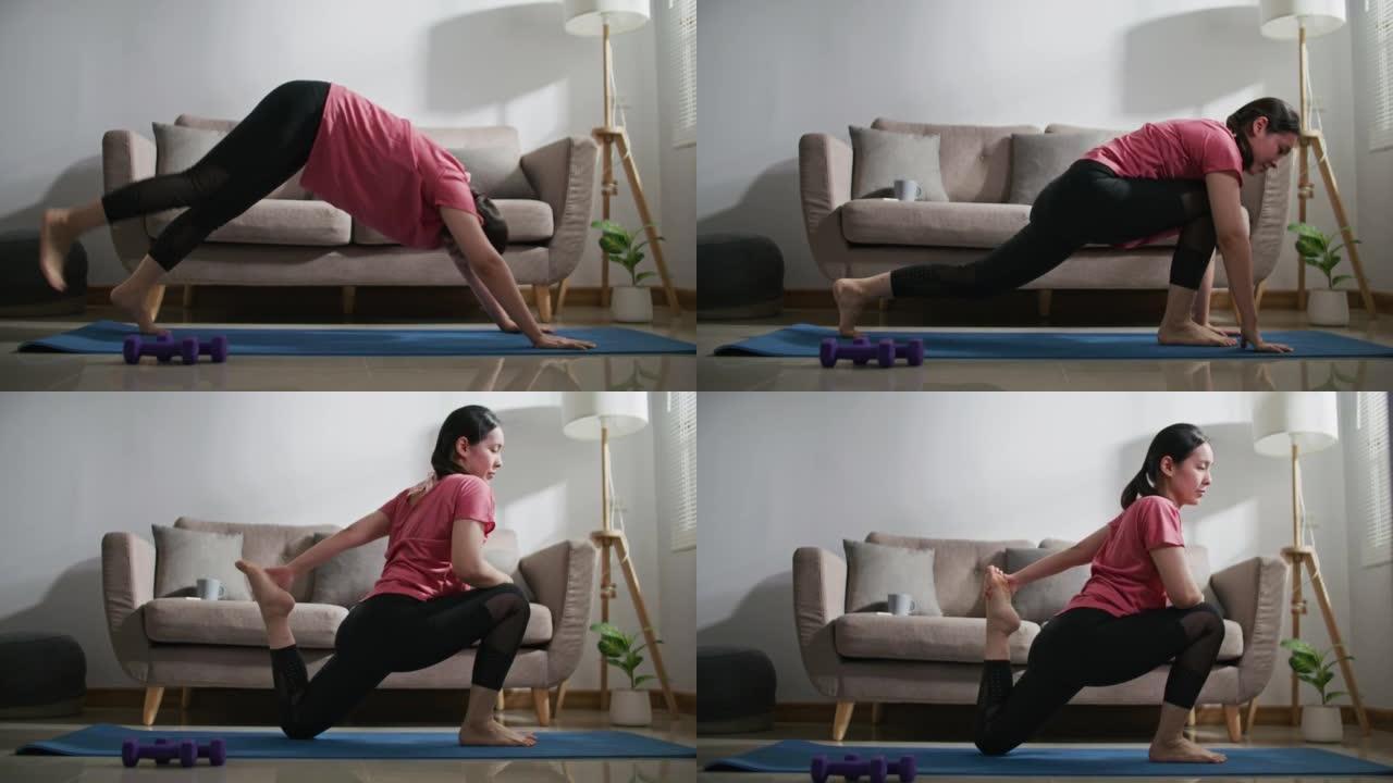 女人在家锻炼瑜伽美女在家练瑜伽视频素材