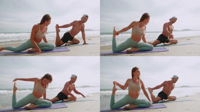 瑜伽老师在海滩上教授瑜伽