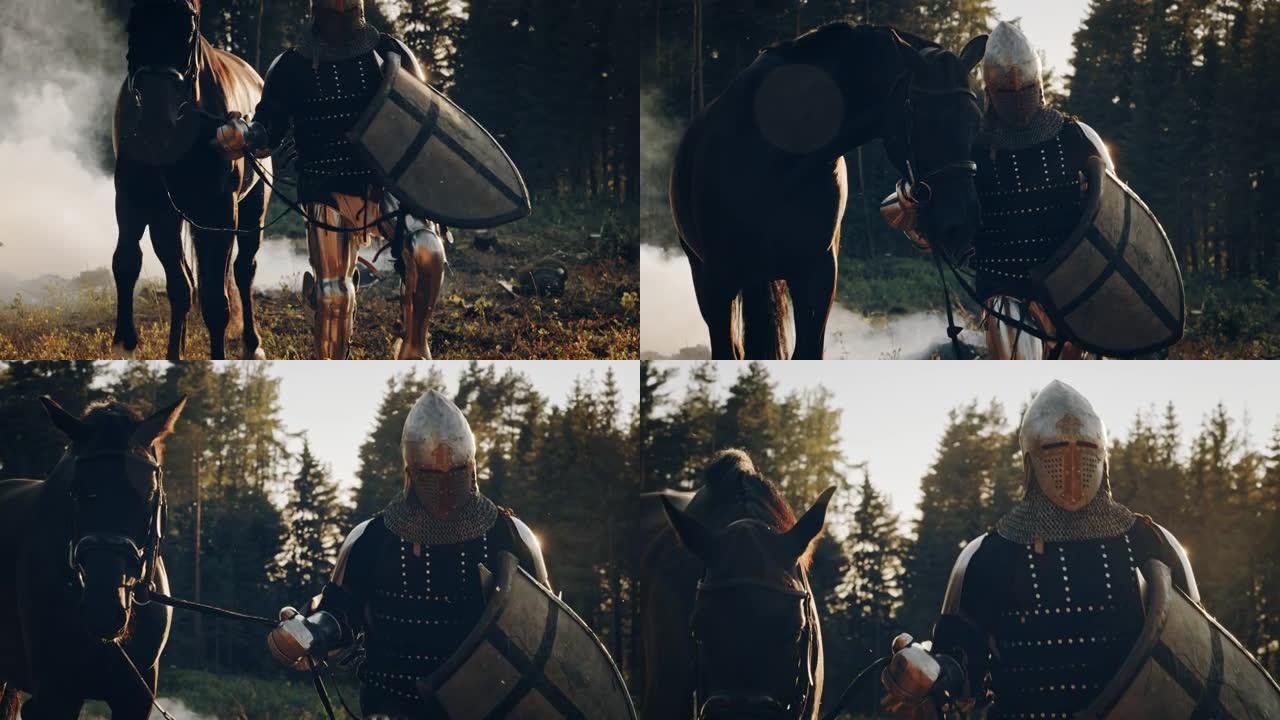 中世纪骑士战士带领他的马进入战斗。英雄的肖像在镀甲，盾，头盔，剑和纯种马。电影之光，战争，烟雾，入侵