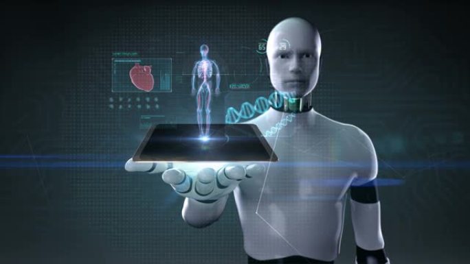 机器人，机器人提升智能垫，平板电脑，用UI扫描人体血管，未来医疗技术，x射线光。4k。