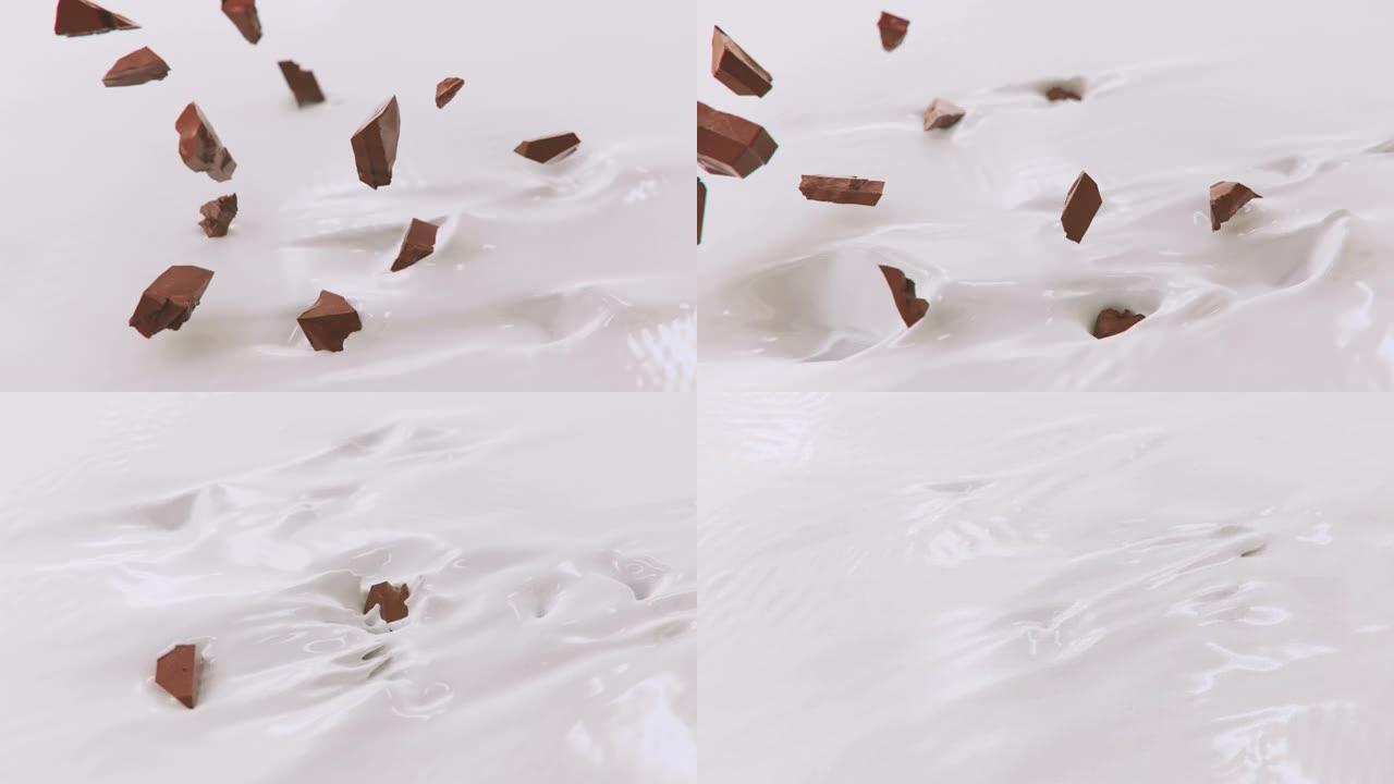 在4k超慢动作中飞溅成液体奶油的巧克力碎片