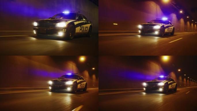 夜间值班的交通巡逻车在追赶中疾驰，鸣笛穿过城市街道。追捕嫌犯的执法人员。警车里的警察准备打击犯罪。电