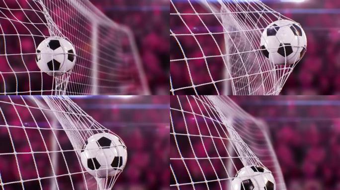 世界杯比赛卡塔尔颜色美丽的足球进球。球以慢动作特写飞入操场的网中。足球游戏有趣的3d动画。运动概念