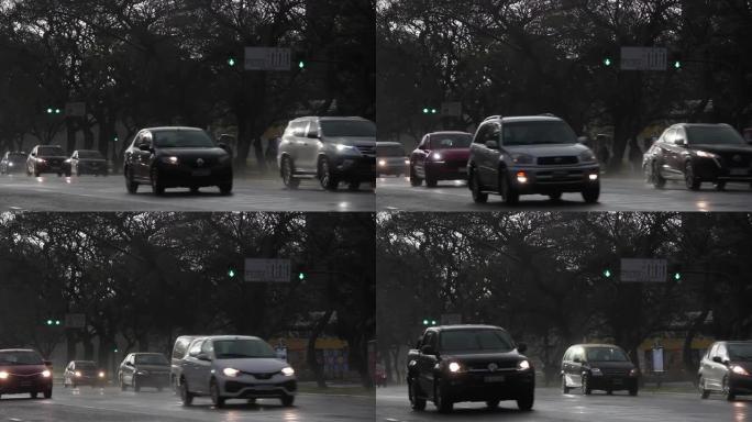 在暴风雨的日子里，阿根廷布宜诺斯艾利斯的一条街道上的交通。4k分辨率。