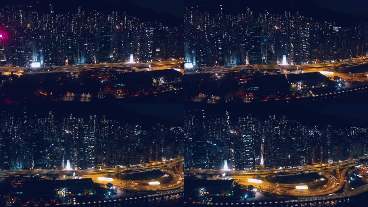 夜间香港城市无人机景观