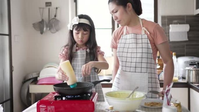 幸福母女在家厨房做锅饼
