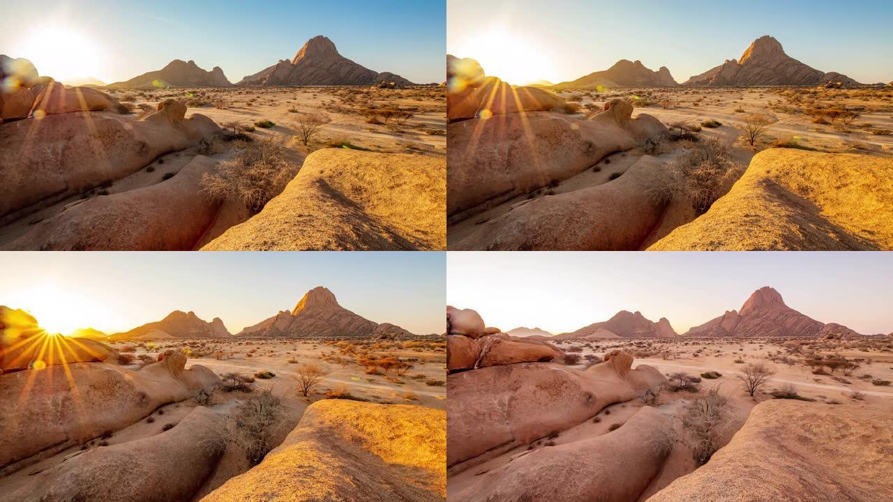 WS时间流逝日落在宁静的Spitzkoppe沙漠景观，纳米比亚，非洲