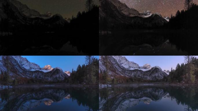 从星空到日出的雪山时间timalapse摄影