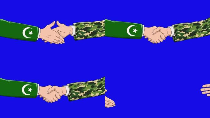 蓝色背景，彩色键，握手的概念，商业协议，政治，会议，国际友好关系，外交官握手，和平贸易政策