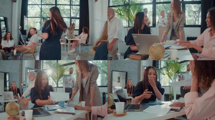 年轻兴奋的亚洲女老板，团队领导进入轻型现代办公室欢呼，激励不同的同事慢动作