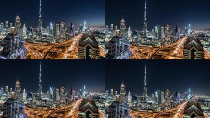 阿联酋迪拜夜间/迪拜天际线的T/L TU鸟瞰图