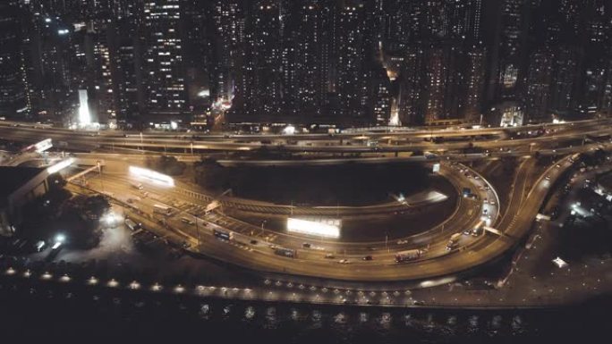 夜间香港城市无人机景观