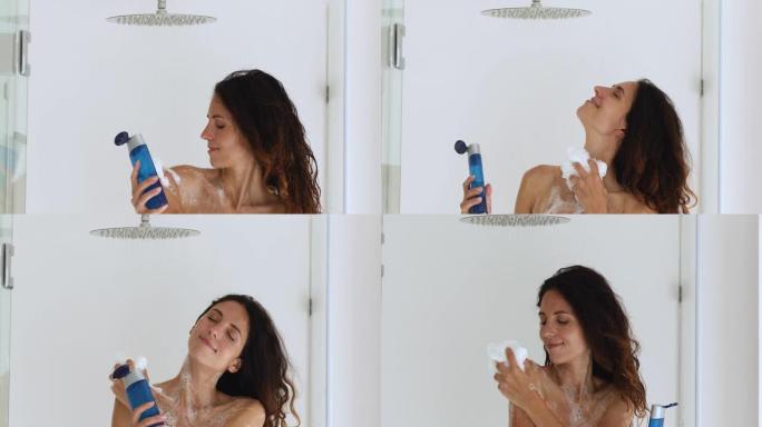 女人洗澡时用沐浴乳和沐浴海绵
