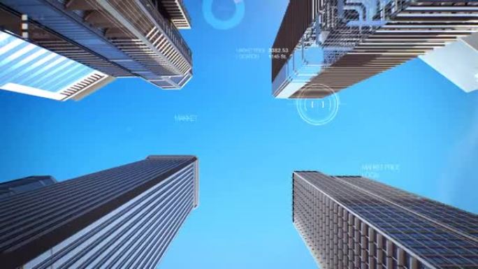钢架和建筑智能城市物联网建筑与用户界面，白天时间。4k。