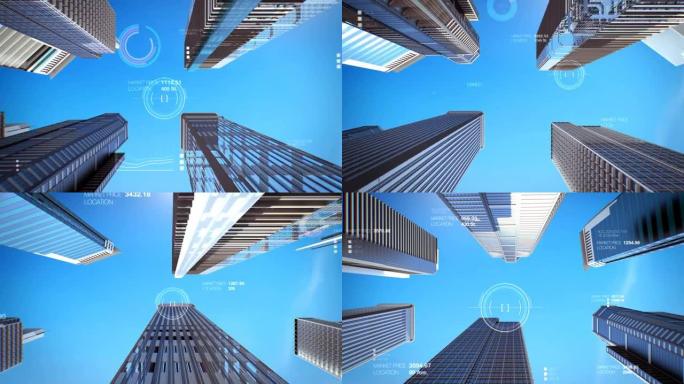 钢架和建筑智能城市物联网建筑与用户界面，白天时间。4k。