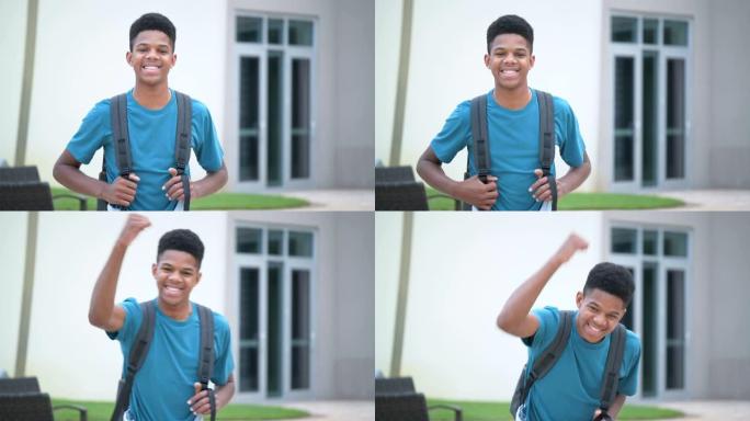 非裔美国少年站在学校外面