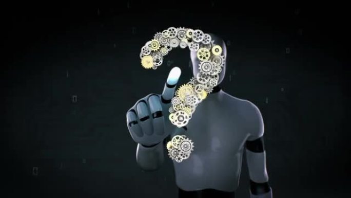 机器人触屏，钢金色齿轮做问号形状。视觉智能。4k动画。