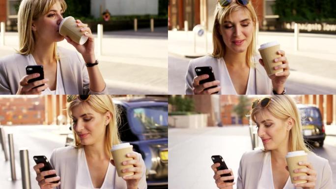 4k视频片段，一名年轻的女商人在使用手机时喝咖啡