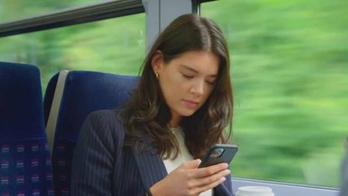 带外卖咖啡通勤的女商人在火车上上班看手机