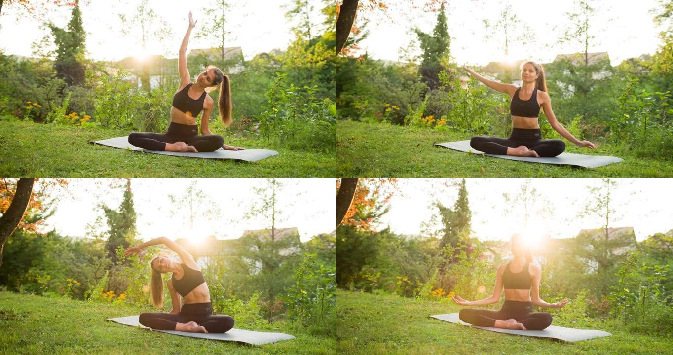 年轻的身体意识强的女人身体活跃，在大自然的户外练习瑜伽