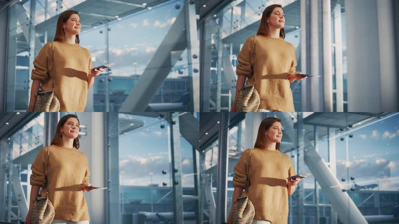 机场航站楼: 美丽微笑的女人拿着机票，穿过大型航空枢纽，到达飞机等待她的登机口。快乐的高加索女性已经