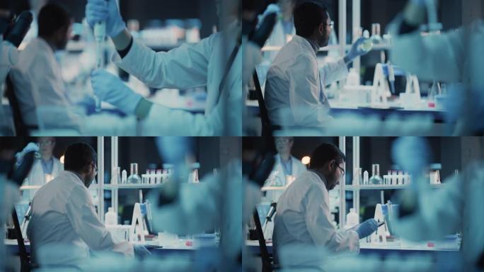 将焦点从使用微量移液管从试管中提取液体的高加索女性转移到在现代应用科学实验室的平板电脑上病毒DNA样