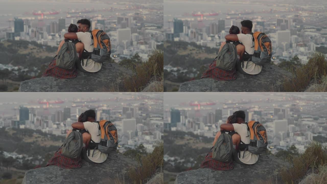 一对年轻夫妇去山上远足的4k视频片段