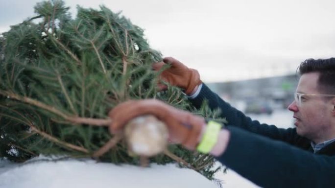将圣诞树举到车顶运输方式、手套、4k分辨