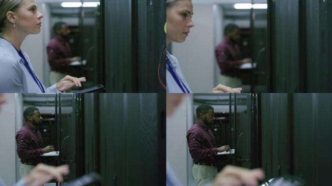 在服务器机房工作时使用无线设备的年轻男女的4k视频片段