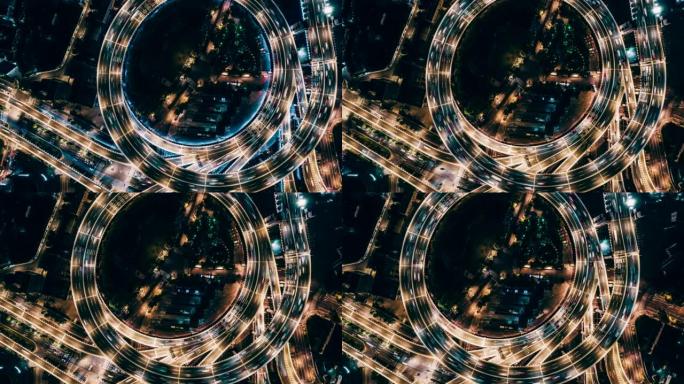 夜间立交桥和城市交通的T/L PAN俯视图