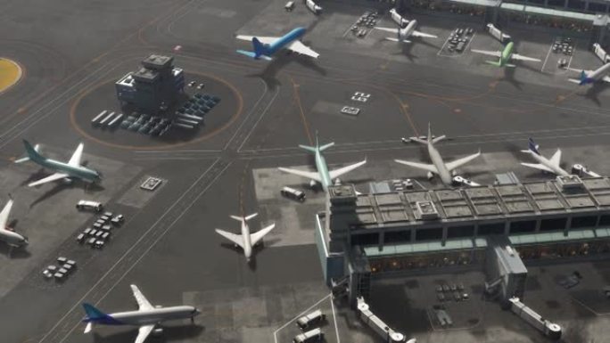 带有停放的飞机，客运大楼，跑道和服务机械的3D商业机场渲染的鸟瞰图。国际机场现代飞机的俯视图。平移V