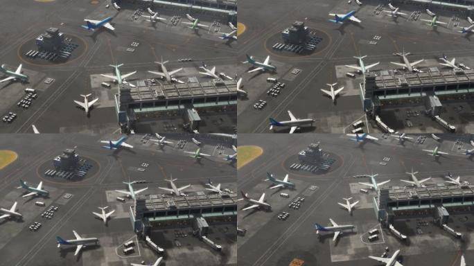 带有停放的飞机，客运大楼，跑道和服务机械的3D商业机场渲染的鸟瞰图。国际机场现代飞机的俯视图。平移V
