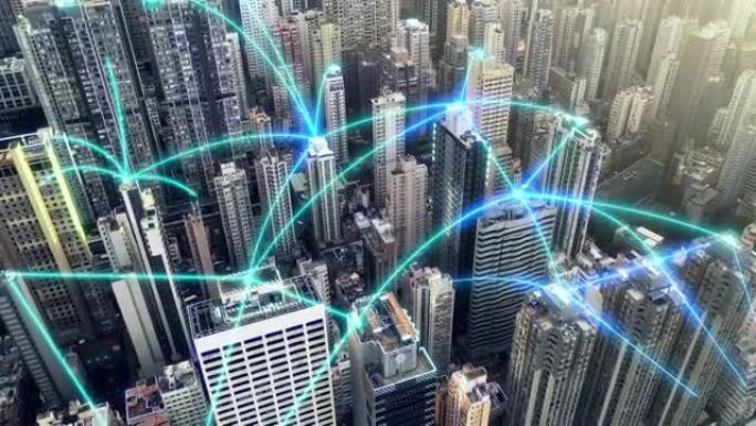 未来城市中建筑物之间的图形蓝色霓虹灯虚拟网络连接的4k视频片段