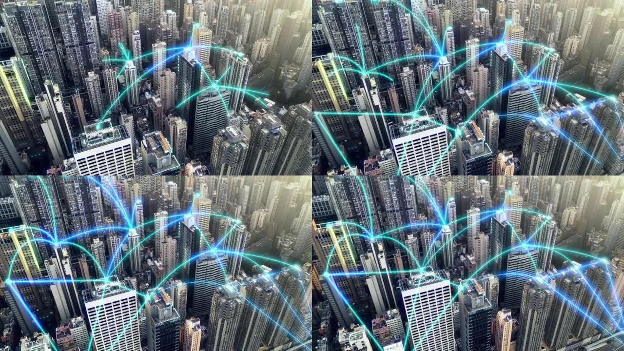 未来城市中建筑物之间的图形蓝色霓虹灯虚拟网络连接的4k视频片段