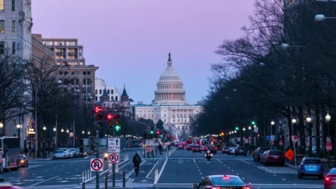 美国国会大厦城市景观的时间流逝，从白天到晚上，华盛顿特区