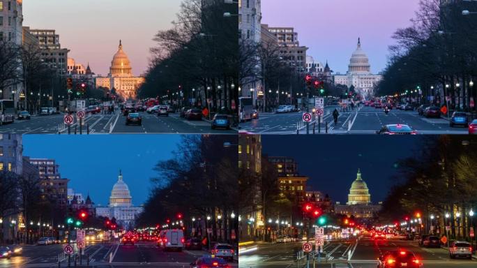 美国国会大厦城市景观的时间流逝，从白天到晚上，华盛顿特区