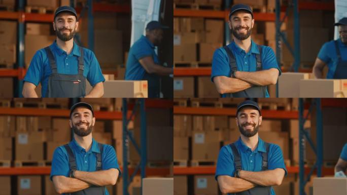 英俊的拉丁男性工人的肖像交叉双臂站在仓库外面微笑着，看着相机。前线英雄工作，交付电子商务在线订单。中