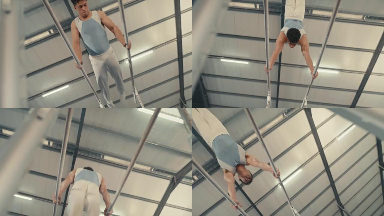 Young gymnast man training, acrobat skills on gymn