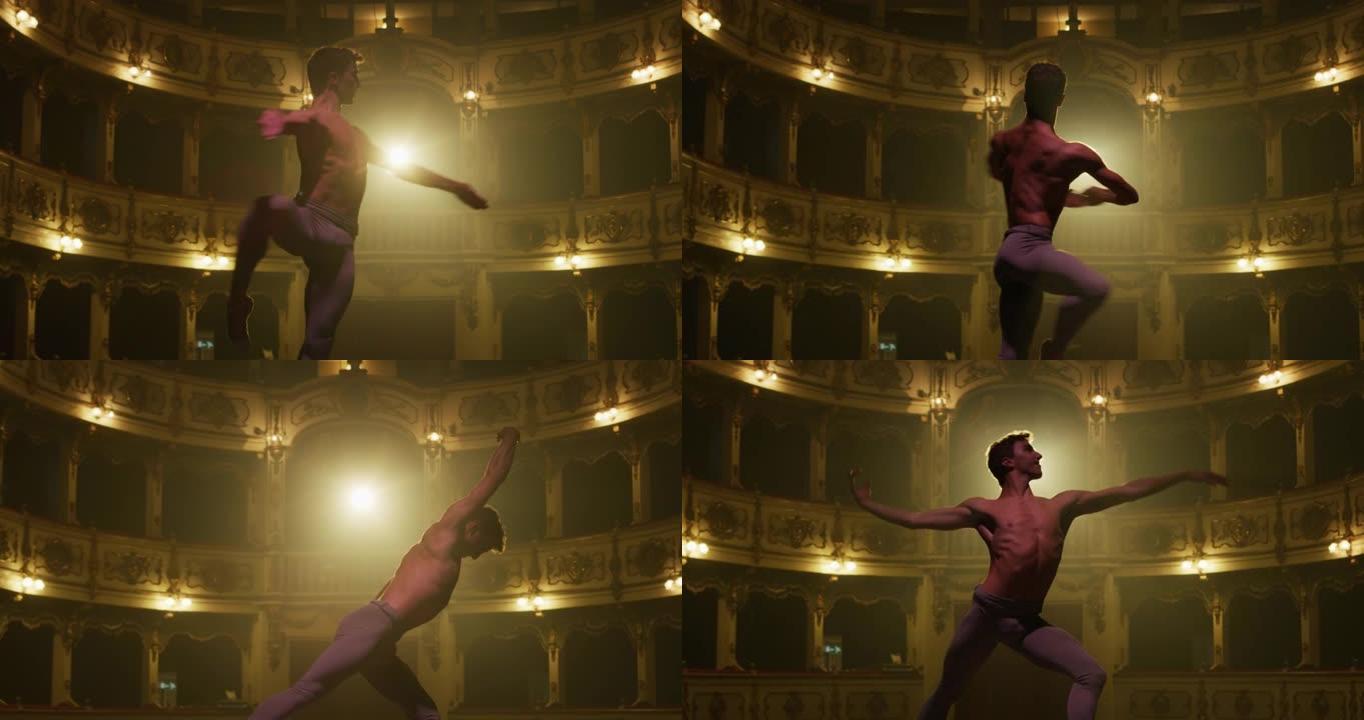 一位年轻的运动古典芭蕾舞男舞者的电影特写镜头在演出开始前，在经典的剧院舞台上表演舞蹈，并带有戏剧性的
