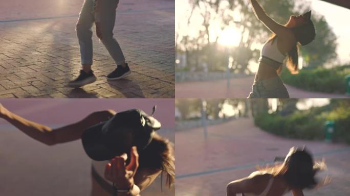 公园里的女舞者，独自在外面跳嘻哈或当代舞蹈，锻炼身心健康。女孩在城市阳光下独自在户外跳舞，锻炼身体，