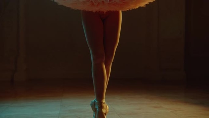 特写优雅的芭蕾舞演员脚穿着脚尖鞋